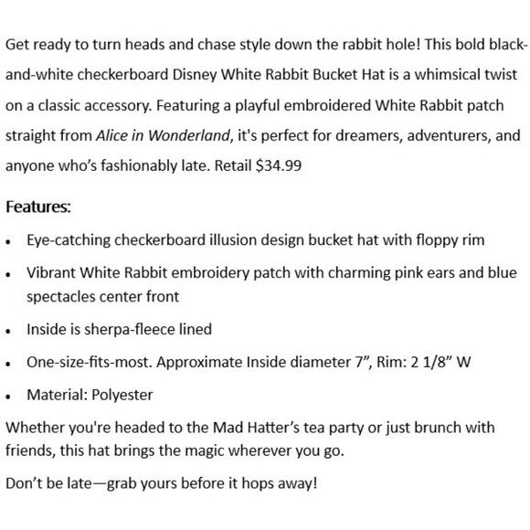 Disney White Rabbit Bucket Hat Alice in Wonderland NWT - Picture 2 of 4